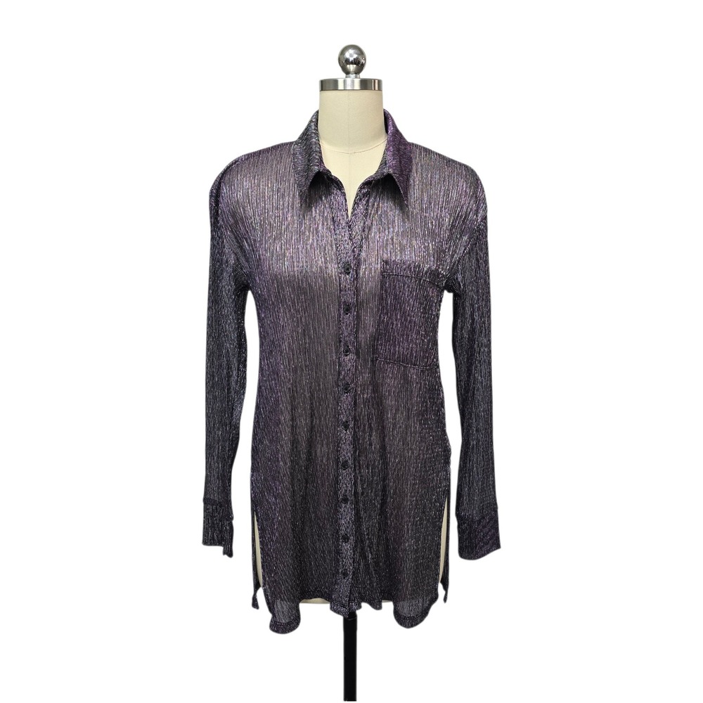 Pilcro Anthropologie Long Sleeve Button Down Shirt Metallic Purple Sheer Glam